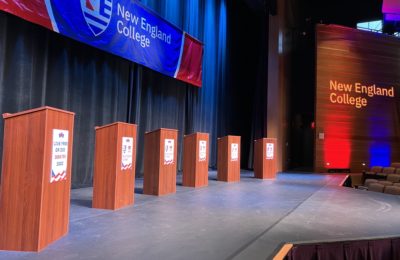 Debate podiums in the Putnam Center