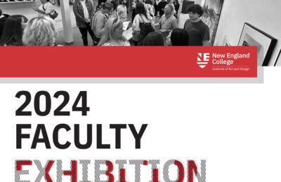 Graphic for the fall 2024 IAD student welcome and faculty exhibition event at New England College in Henniker, NH