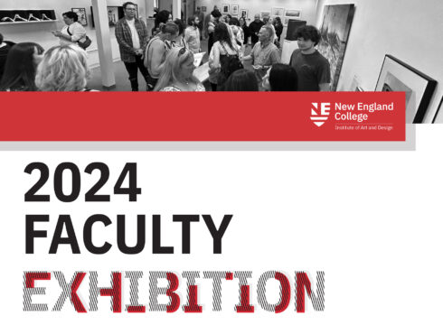 Graphic for the fall 2024 IAD student welcome and faculty exhibition event at New England College in Henniker, NH