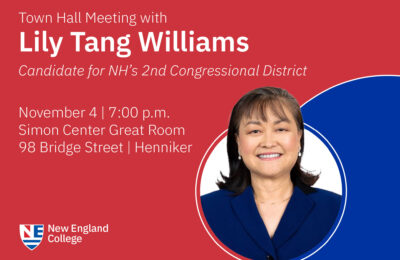 Graphic announcing town hall meeting with Lily Tang Williams, Republican candidate for New Hampshire's second Congressional District