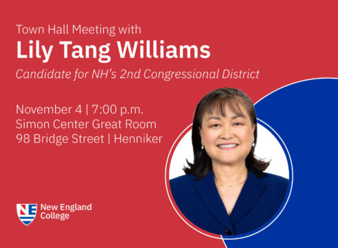 Graphic announcing town hall meeting with Lily Tang Williams, Republican candidate for New Hampshire's second Congressional District