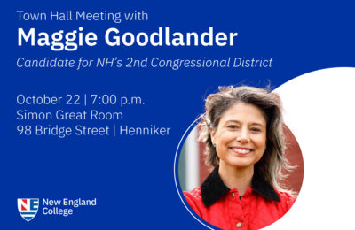 Graphic announcing town hall meeting with Maggie Goodlander, 2024 Democratic candidate for New Hampshire's second congressional district