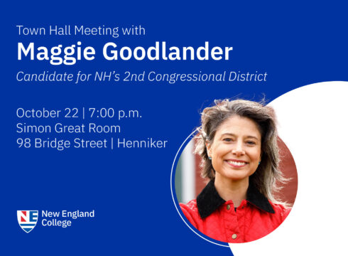 Graphic announcing town hall meeting with Maggie Goodlander, 2024 Democratic candidate for New Hampshire's second congressional district