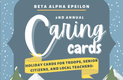 Graphic for Caring Cards, an event that writes holiday cards for service members, senior citizens, and local teachers