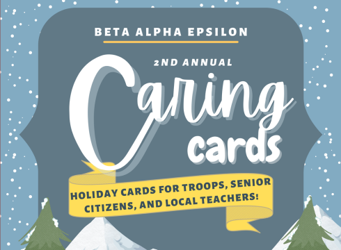 Graphic for Caring Cards, an event that writes holiday cards for service members, senior citizens, and local teachers