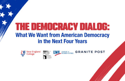 Graphic for Democracy Dialog, a post-election event hosted by New England College