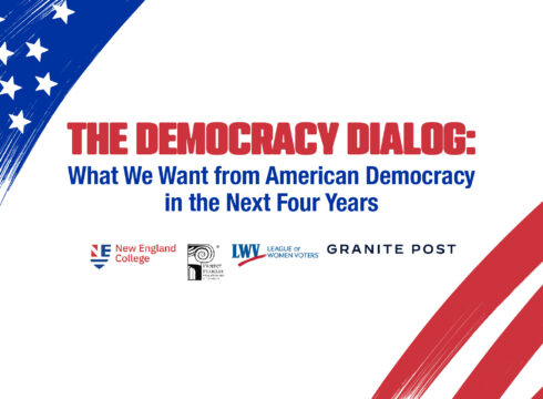 Graphic for Democracy Dialog, a post-election event hosted by New England College