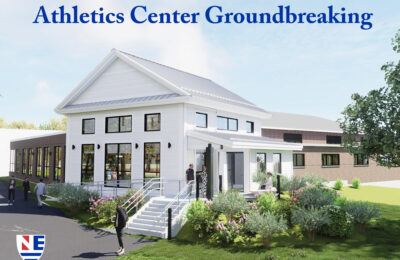 Graphic announcing the groundbreaking of New England College's state-of-the-art Athletics Center in March 2025