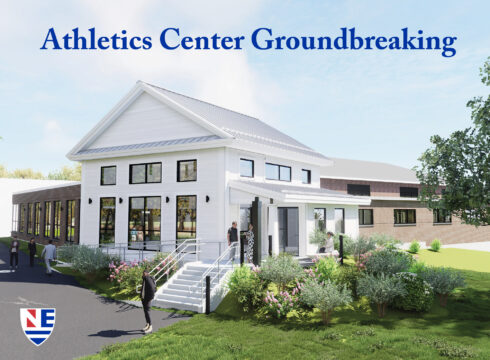 Graphic announcing the groundbreaking of New England College's state-of-the-art Athletics Center in March 2025