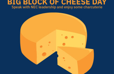 Graphic announcing New England College's annual Big Block of Cheese Day event