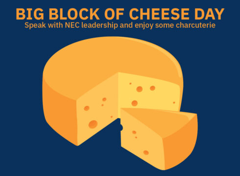 Graphic announcing New England College's annual Big Block of Cheese Day event