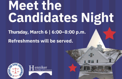 Graphic announcing a Meet the Candidates Night at New England College for Henniker residents to meet and hear from candidates before the town election.