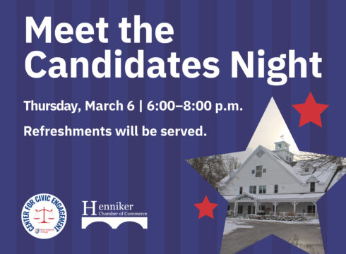 Graphic announcing a Meet the Candidates Night at New England College for Henniker residents to meet and hear from candidates before the town election.