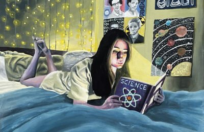 Painting of young girl reading on bed