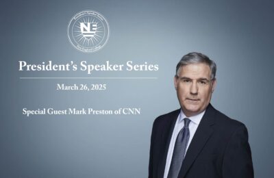 Graphic announcing guest speaker Mark Preston of CNN for New England College's President's Speaker Series