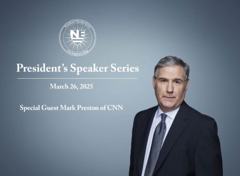 Graphic announcing guest speaker Mark Preston of CNN for New England College's President's Speaker Series