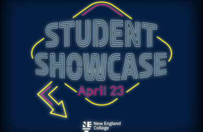 Graphic announcing the Student Showcase on April 23 at New England College