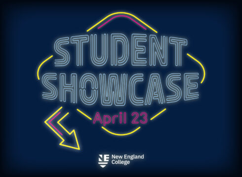 Graphic announcing the Student Showcase on April 23 at New England College